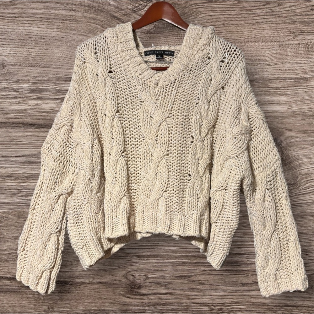 Hyde V-Neck Hooded Cable Knit Sweater in Cream